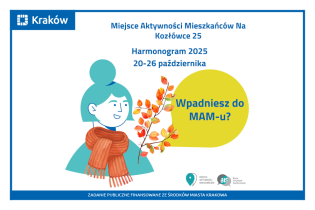 Rysunek przedstawia portret uśmiechniętej kobiety w pomarańczowym szaliku, przed którą widać gałązkę z kolorowymi, jesiennymi liśćmi.