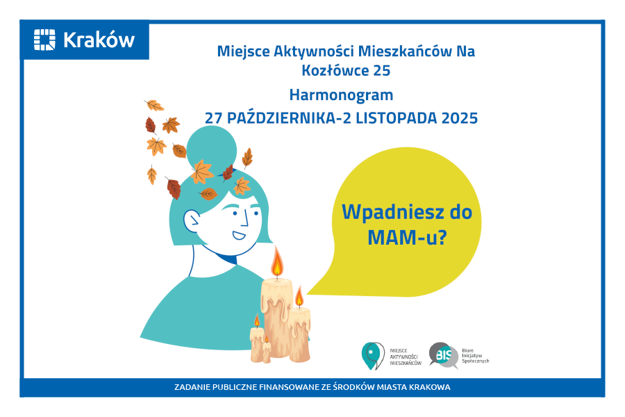 Rysunek przedstawiający portret uśmiechniętej kobiety, przed którą widać 3 zapalone świece, a nad nią kolorowe jesienne liście.