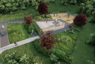 Wizualizacja nowego plac zabaw przy ul. Dębskiego. Widać mi.ni. dorosłych, bawiące się dzieci, huśtawki, ławki, piaskownicę. Plac otoczony jest zielenią.