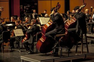 Grafika przedstawia muzyków orkiestry, grających na różnych instrumentów.