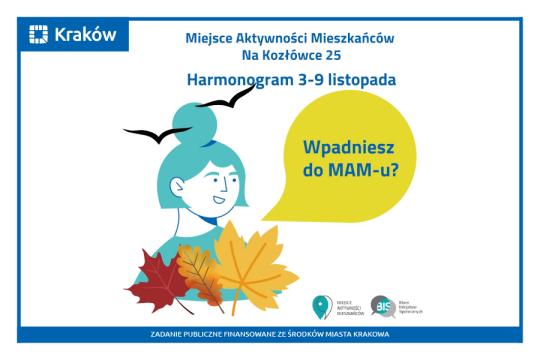 Rysunek przedstawia portret uśmiechniętej kobiety, nad którą widać sylwetki dwóch lecących czarnych ptaków, a przed nią kolorowe, jesienne liście.