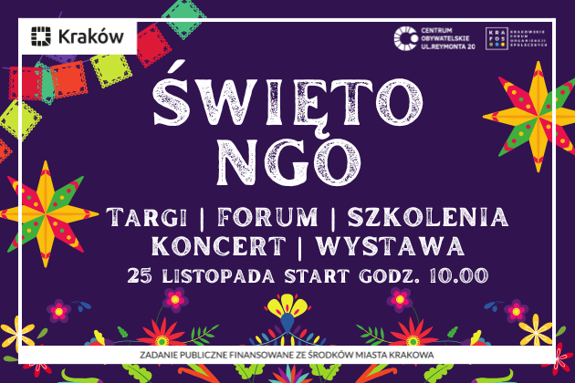 Na grafice widnieje napis Święto NGO w Krakowie , poniżej umieszczono hasłowo wydarzenia towarzyszące tej uroczystości, która odbędzie się 25 listopada 2025 r.