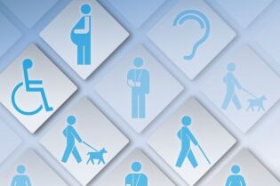 Grafika przedstawia symbole dostępności (m.in. osoby na wózku inwalidzkim, kobiety w ciąży, osoby z psami przewodnikami).