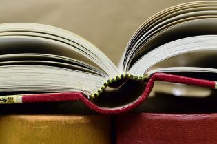 Grafika przedstawia rozłożoną na książke w czerwonej twardej oprawie. 