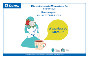Rysunek przedstawia portret uśmiechniętej kobiety z białą i czerwoną różą we włosach, przed którą stoi kubek z herbatą. z boku napis: Wpadniesz do MAM-u?