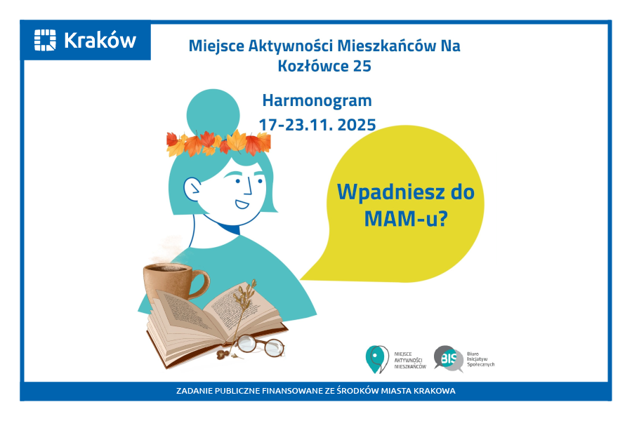 Rysunek przedstawia portret uśmiechniętej kobiety wiankiem z kolorowych, jesiennych liści we włosach, przed którą widać kubek z ciepłym napojem, otwartą książkę i okulary