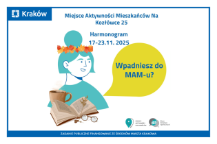 Rysunek przedstawia portret uśmiechniętej kobiety wiankiem z kolorowych, jesiennych liści we włosach, przed którą widać kubek z ciepłym napojem, otwartą książkę i okulary