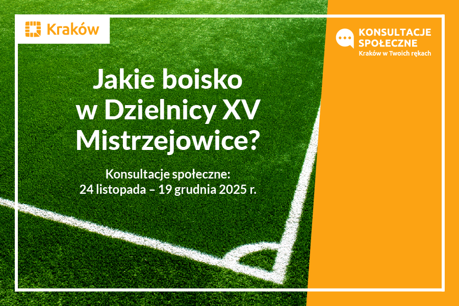 Na tle narożnika trawiastego boiska do piłki nożnej, tekst: Jakie boisko w Dzielnicy XV Mistrzejowice? Konsultacje społeczne 24 listopada - 19 grudnia