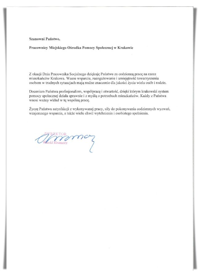 Życzenia Dyrektora Miejskiego Ośrodka Pomocy Społecznej w Krakowie z okazji Dnia Pracownika Socjalnego 2025