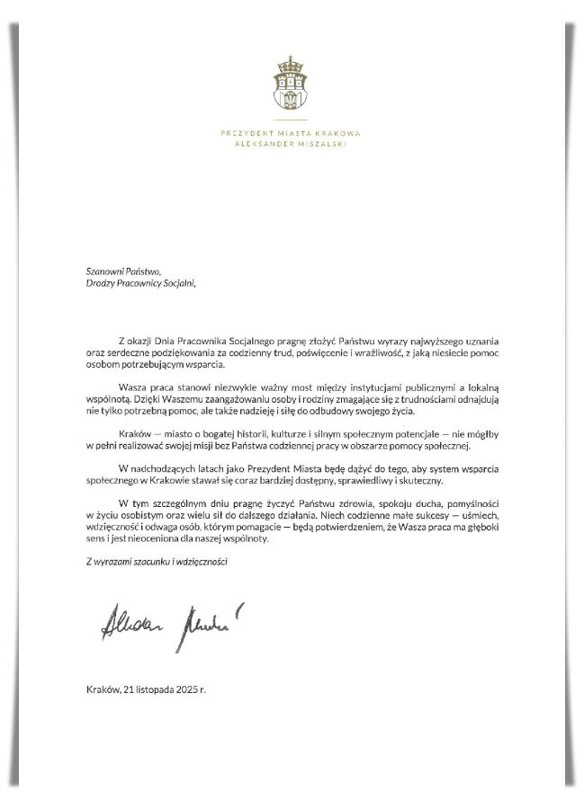 Życzenia Prezydenta Miasta Krakowa z okazji Dnia Pracownika Socjalnego 2025 