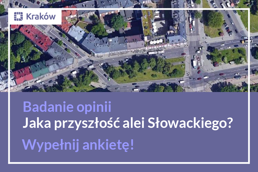 Grafika przedstawia zaproszenie do wzięcia udziału w badaniu ankietowym pod nazwą Jaka przyszłość alei Słowackiego?