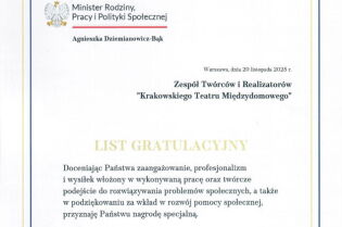 „Krakowski Teatr Międzydomowy” z Nagrodą Ministra! Wspólna pasja, która zmienia życie mieszkańców DPS.