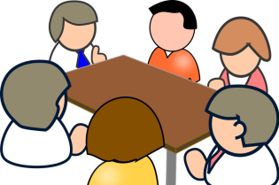 Grafika przedstawia kolorowe postacie, siedzące przy stole.