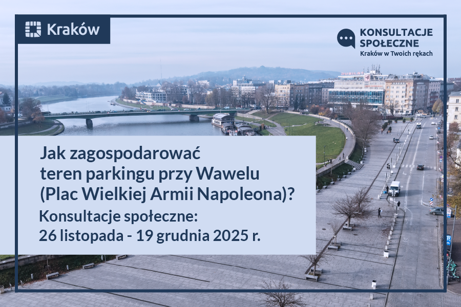 Grafika przedstawia plac Wielkiej Armii Napoleona z lotu ptaka z informacją o konsultacjach: Jak zagospodarować teren parkingu przy Wawelu (plac Wielkiej Armii Napoleona)?