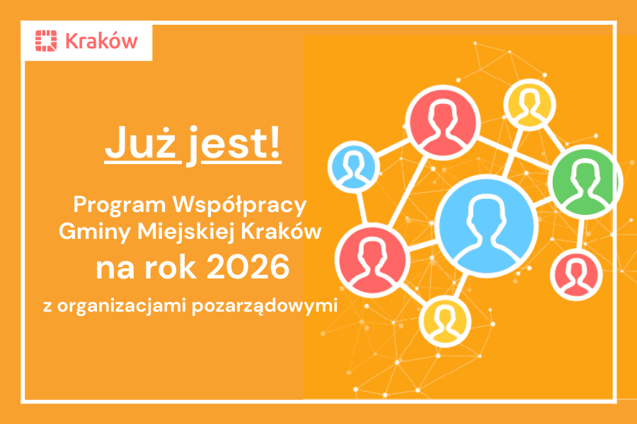 Na grafice umieszczono informację, że już jest dostępny Program Współpracy Miasta Krakowa z organizacjami pozarządowymi na 2026 rok