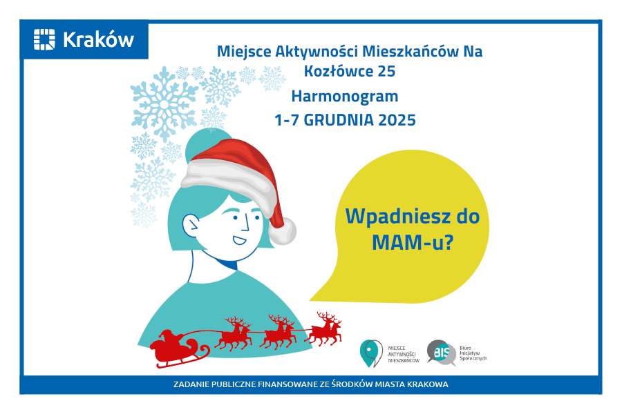 Rysunek przedstawia portret uśmiechniętej kobiety w czapce Świętego Mikołaja, przed którą widać sylwetkę lecącego zaprzęgu Świętego Mikołaja, a w tle płatki śniegu.