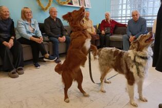 Seniorzy obserwują jak pies wykonuje komendę.