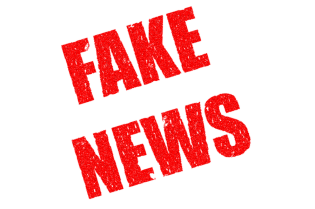 Grafika przedstawia czerwony napis FAKE NEWS na białym tle.