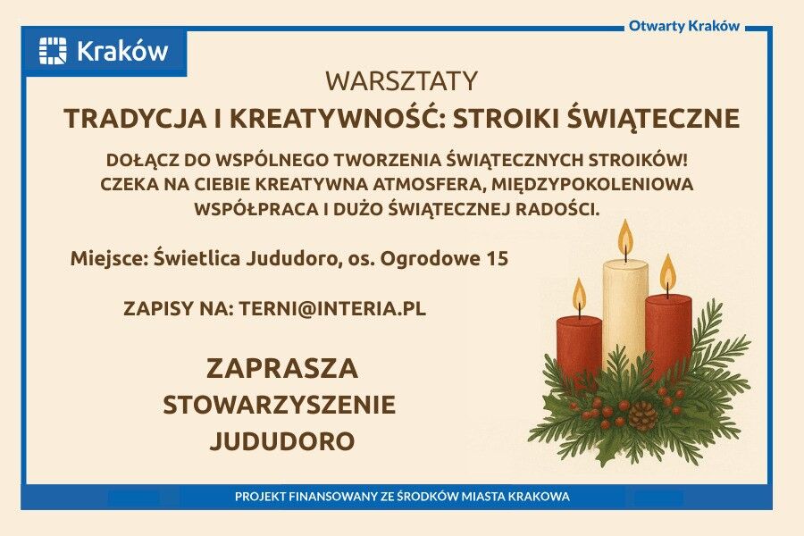 Na beżowym tle napis zapraszający na warsztaty rękodzieła i kultury romskiej. Z prawej dolnej strony rysunek trzech zapalonych świec w wieńcu z jedliny. 