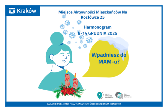 Rysunek przedstawia portret uśmiechniętej kobiety, przed którą widać stroik świąteczny z dwiema świeczkami, a nad nią padające płatki śniegu.