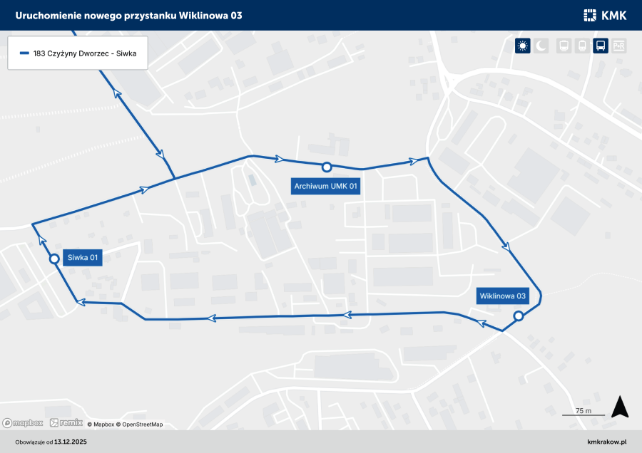 Od 13 grudnia 2025 r. dla linii nr 183 zostanie uruchomiony nowy przystanek Wiklinowa 03 zlokalizowany na ul. Ogłęczyzna.