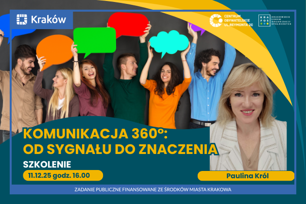 NA grafice widnieją zdjęcia ludzie uśmiechniętych, trzymających w rękach symbole dialogu, po prawej stronie widnieje zdjęcie kobiety prowadzącej szkolenie oraz kluczowe informacje na temat wydarzenia.