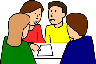 Grafika przedstawia kilka osób, dyskutujących na jakiś temat nad kartką papieru.