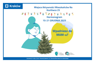 Rysunek przedstawia portret uśmiechniętej kobiety, przed którą widać choinkę, a nad nią kolorowe lampki choinkowe.