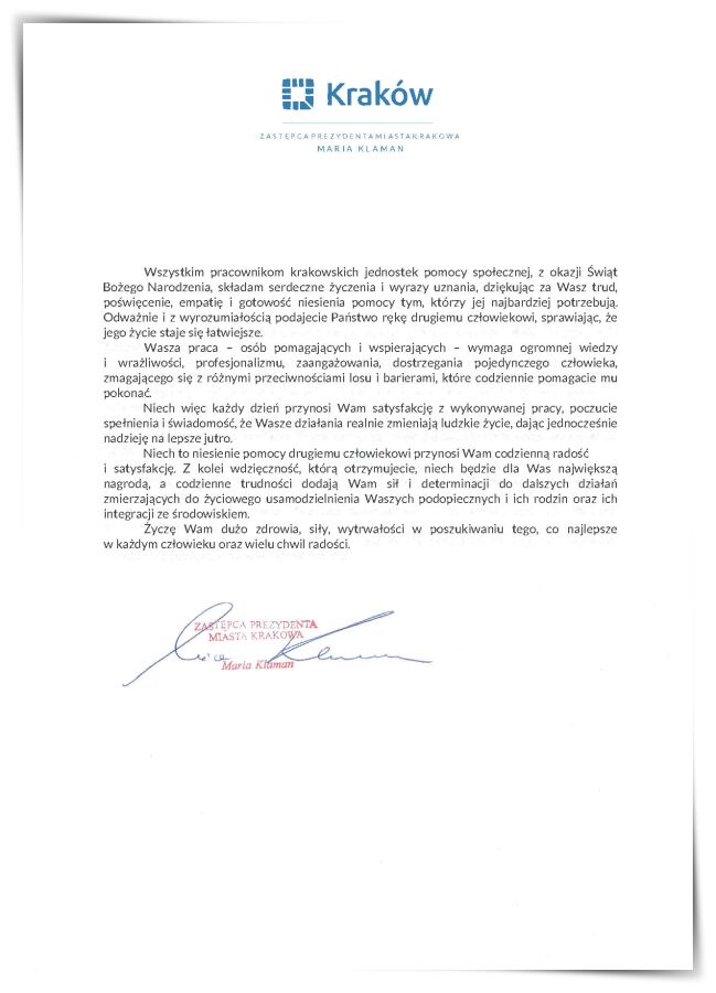 Życzenia świąteczne Zastępczyni Prezydenta Marii Klaman