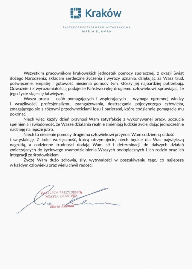 Oficjalne pismo z logo miasta Krakowa. Treść zawiera świąteczne życzenia Bożego Narodzenia skierowane do pracowników krakowskich jednostek pomocy społecznej, z podziękowaniami za ich pracę, empatię. 