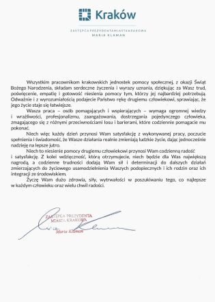 Oficjalne pismo z logo miasta Krakowa. Treść zawiera świąteczne życzenia Bożego Narodzenia skierowane do pracowników krakowskich jednostek pomocy społecznej, z podziękowaniami za ich pracę, empatię. 