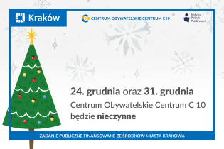 Świąteczno-noworoczny harmonogram pracy Centrum Obywatelskiego, w tle choinka 