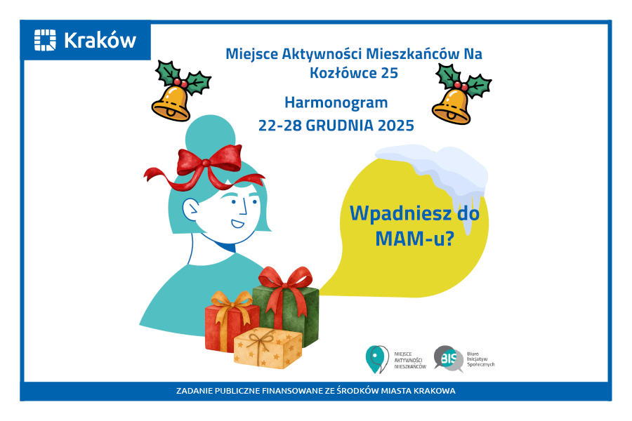 Rysunek przedstawia portret uśmiechniętej kobiety z czerwoną kokardą we włosach, przed którą leżą prezenty, a nad nią widać świąteczne ozdoby (dzwoneczki).