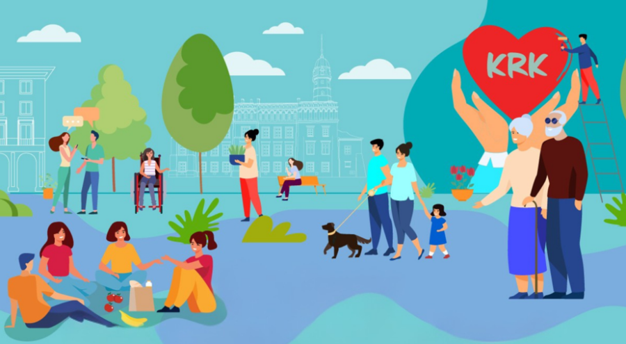 w tle widzimy ludzi wykonujących różne czynności takie jak spacer, piknikowanie, rozmowy. 