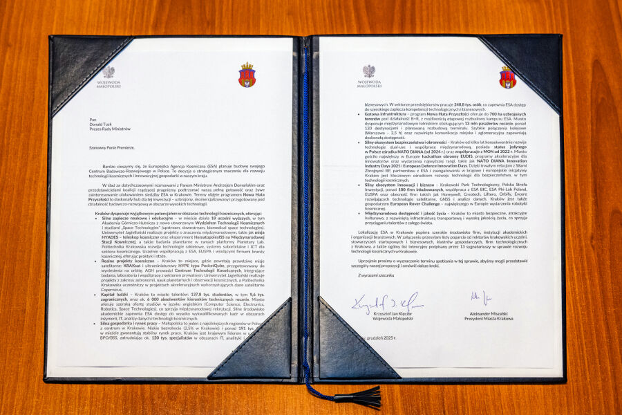 Kraków chce budować Centrum Badawczo-Rozwojowe Europejskiej Agencji Kosmicznej 