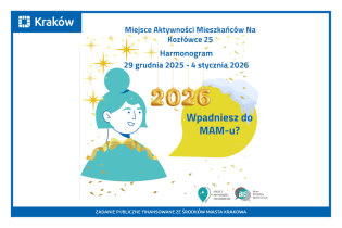 Rysunek przedstawia portret uśmiechniętej kobiety ze złotą wstążką pod szyją, obok której widać złoty napis z ozdób choinkowych 2026, nad nią złote gwiazdy, a wokół niej złote konfetti