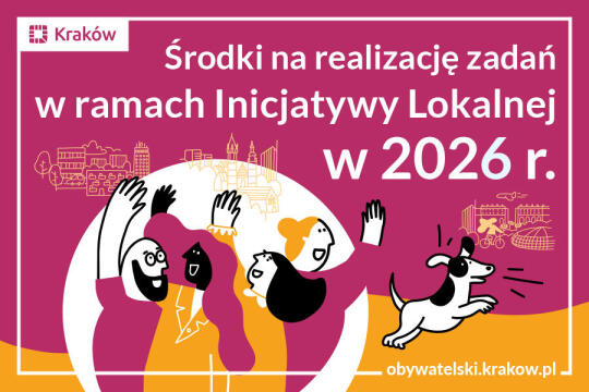 Rysunek przedstawia grupkę czterech ucieszonych osób i psa. W tle widać zarysy charakterystycznych budynków Krakowa, w tym Kościoła Mariackiego, Placu Centralnego, Tauron Areny i typowych bloków