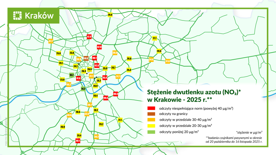 Mapa stężenia dwutlenku azotu w Krakowie
