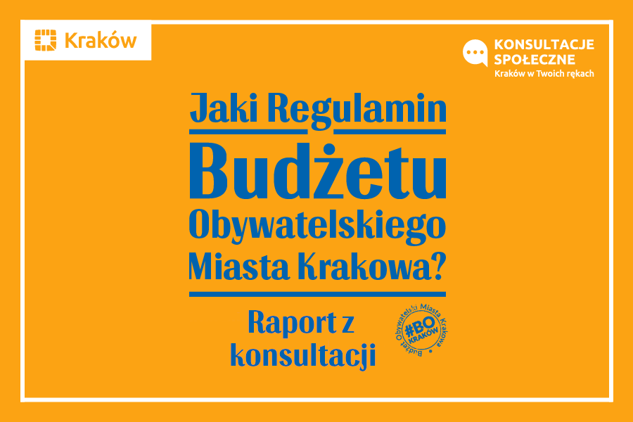 Grafika przedstawia ciemnoniebieski napis na żółtym tle: Jaki Regulamin Budżetu Obywatelskiego Miasta Krakowa? Raport z konsultacji