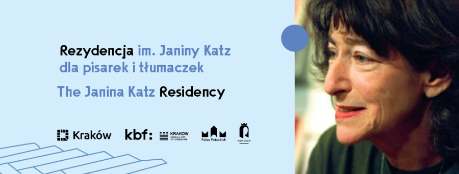 baner informacyjny o naborze do programu rezydencjalnego im. Janiny Katz. Po lewej stronie informacja o naborze a po prawej zdjęcie Janiny Katz w podeszłym wieku. 