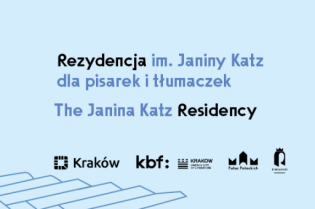 baner informacyjny o naborze do programu rezydencjalnego im. Janiny Katz. Po lewej stronie informacja o naborze a po prawej zdjęcie Janiny Katz w podeszłym wieku. 