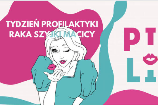 Plakat akcji prozdrowotnej Pink Lips. Grafika przedstawia jasnowłosą młodą kobietę z pomalowanymi na kolor różowy ustami oraz różową wstążką symbolizującą walkę z rakiem.