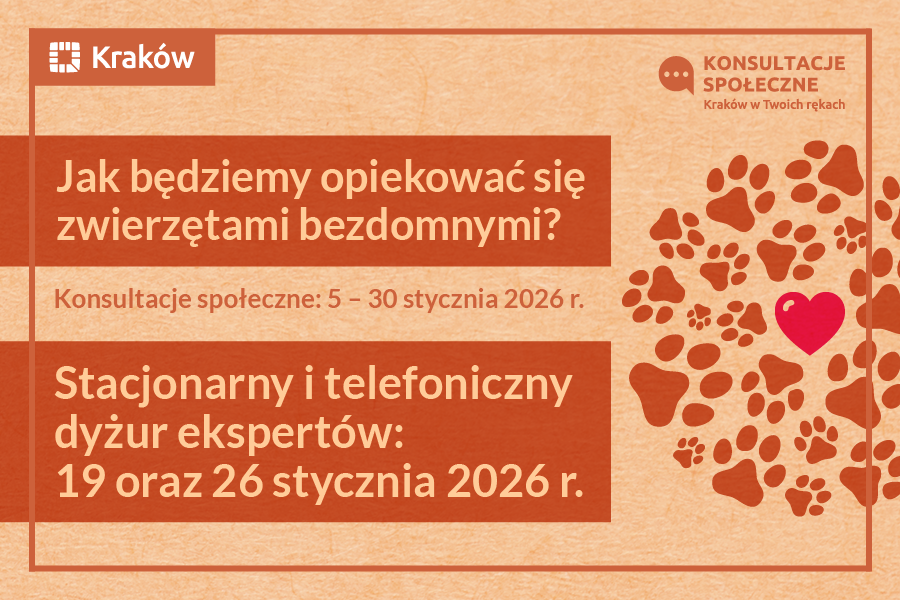 Grafika przedstawia zaproszenie do wzięcia udziału w dyżurze eksperckim stacjonarnym i telefonicznym w ramach konsultacji: Jak będziemy opiekować się zwierzętami bezdomnymi? 