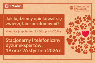 Grafika przedstawia zaproszenie do wzięcia udziału w dyżurze eksperckim stacjonarnym i telefonicznym w ramach konsultacji: Jak będziemy opiekować się zwierzętami bezdomnymi? 