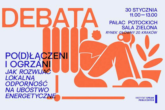 Grafika przedstawia uproszczony, biało-pomarańczowy rysunek opartego o kaloryfer człowieka siedzącego na podłodze z kubkiem w dłoni, obok którego stoi roślina doniczkowa.