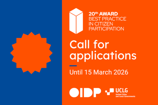 Napis na niebiesko-pomarańczowym tle: 20. edycja konkursu „Najlepsze praktyki w zakresie uczestnictwa obywatelskiego” – nabór wniosków do 15 marca 2026 r., a poniżej logotypy OIDP i UCLG
