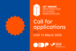 Napis na niebiesko-pomarańczowym tle: 20. edycja konkursu „Najlepsze praktyki w zakresie uczestnictwa obywatelskiego” – nabór wniosków do 15 marca 2026 r., a poniżej logotypy OIDP i UCLG
