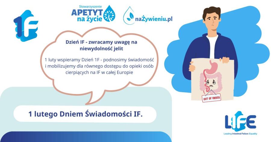 Infografika dotycząca 1F Day - Dnia świadomości niewydolności układu trawiennego 1 lutego. Obrazek w górnym prawym rogu przedstawia układ pokarmowy ze smutną miną.   