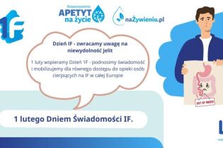 Infografika dotycząca 1F Day - Dnia świadomości niewydolności układu trawiennego 1 lutego. Obrazek w górnym prawym rogu przedstawia układ pokarmowy ze smutną miną.   