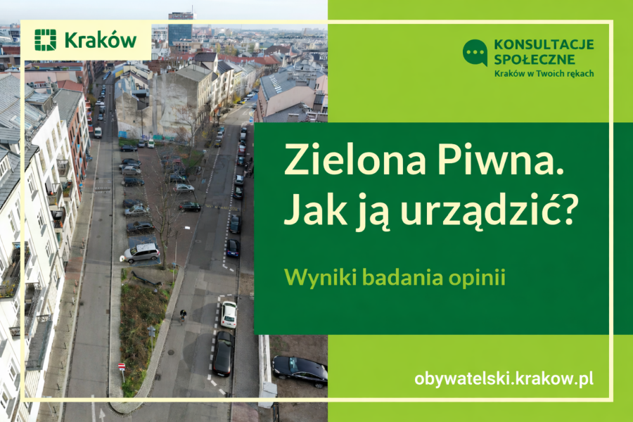 Parking na skrzyżowaniu ulic Piwnej i Józefińskiej z zabudowaniami, logo Kraków, napis 'Konsultacje społeczne – Zielona Piwna, wynik badania opinii'.